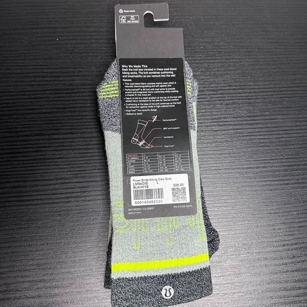 Lululemon Men's Power Stride Hiking Crew Socks NWT Size L (Black/Yellow) - Picture 9 of 11